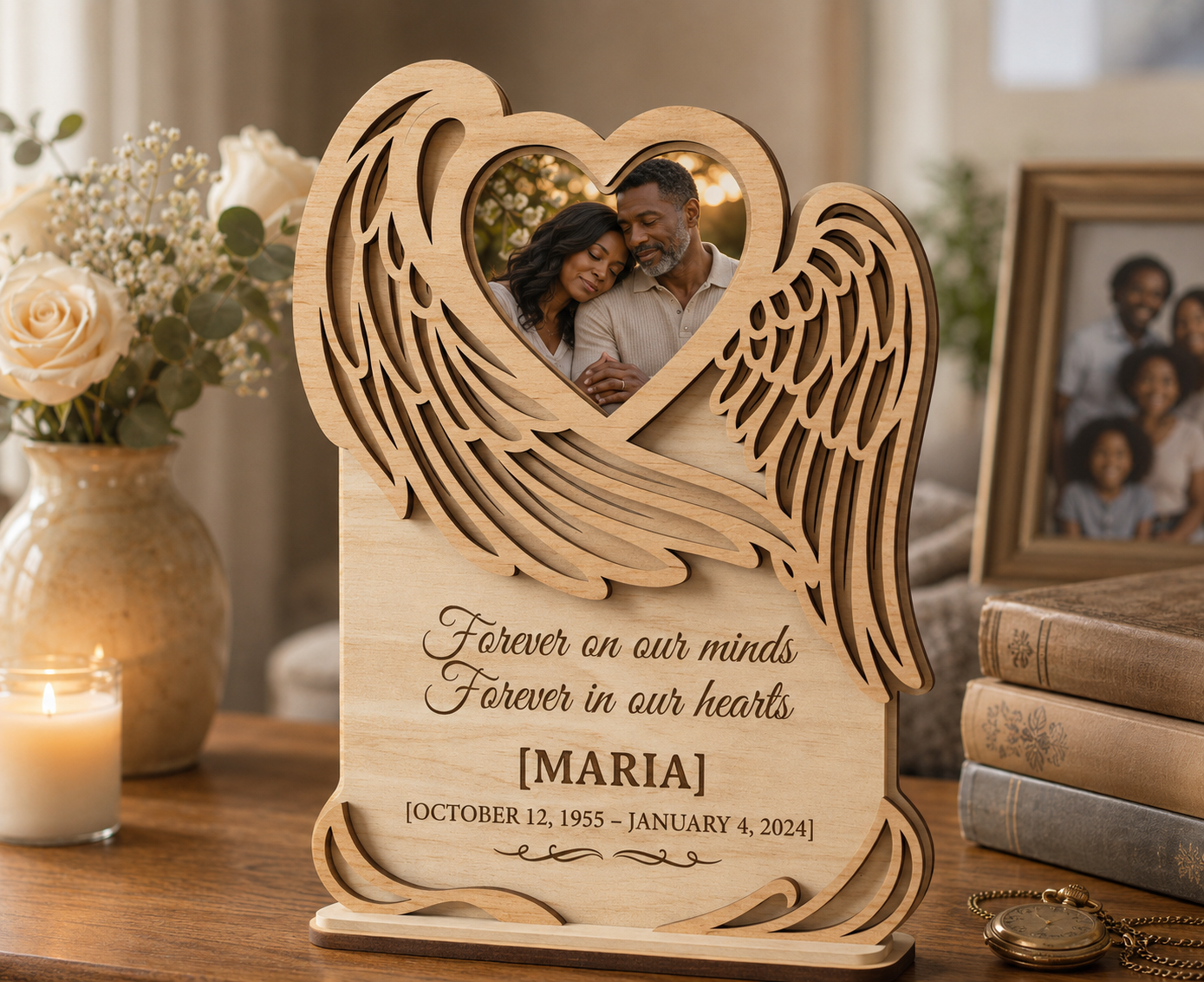 Personalized Memorial Photo Plaque – Angel Wing Remembrance Keepsake