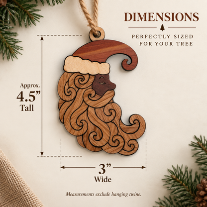 Handmade Natural Wood Santa Ornament, Curly Beard