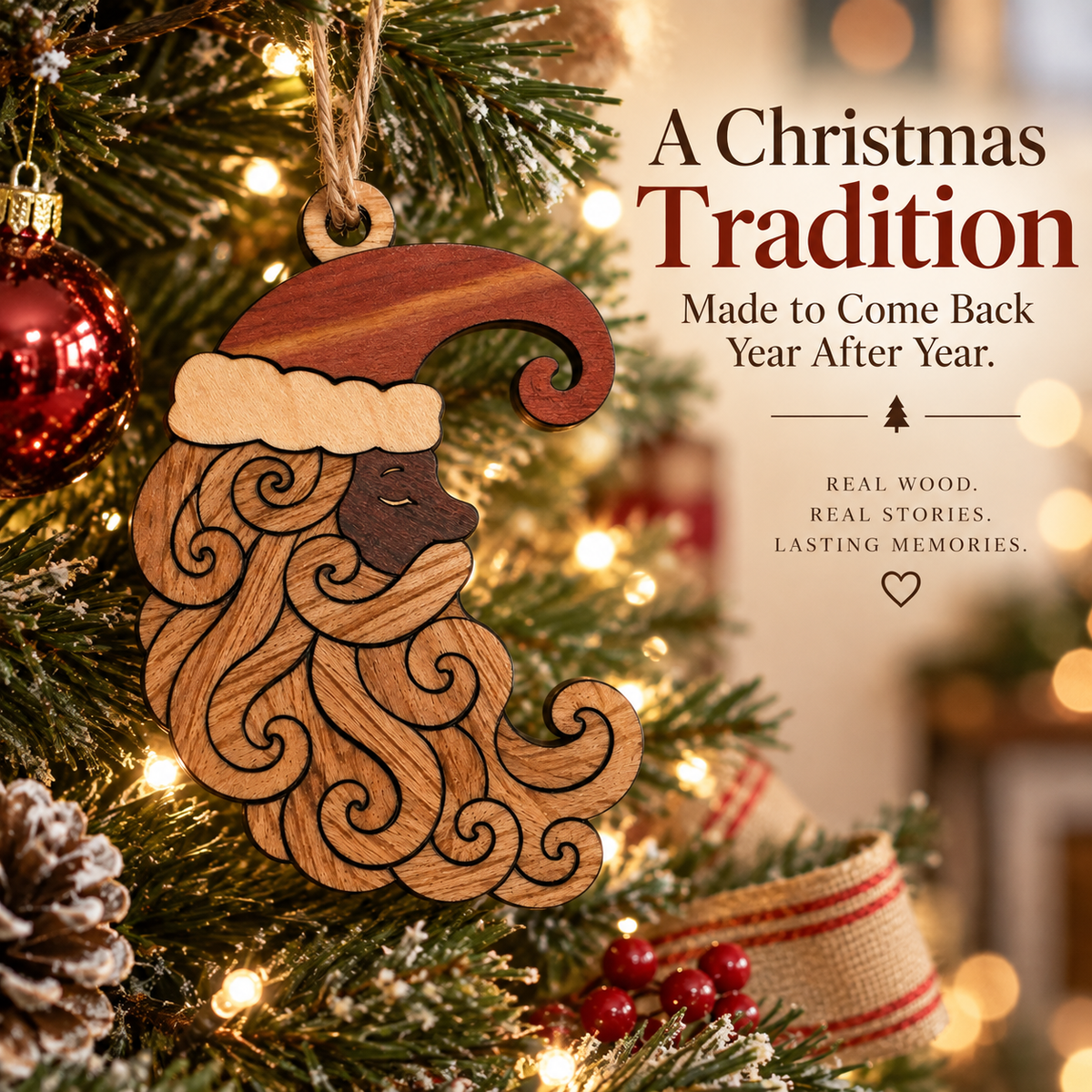 Handmade Natural Wood Santa Ornament, Curly Beard