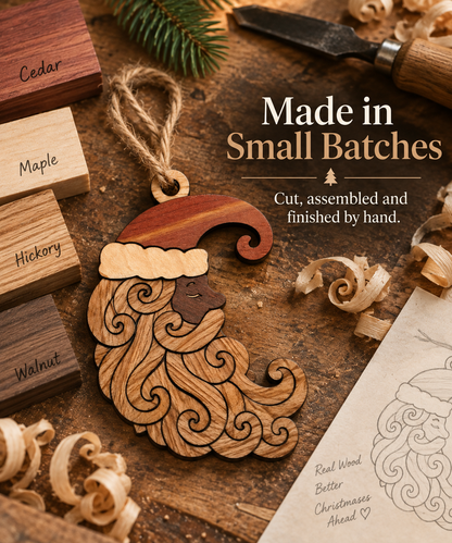 Handmade Natural Wood Santa Ornament, Curly Beard