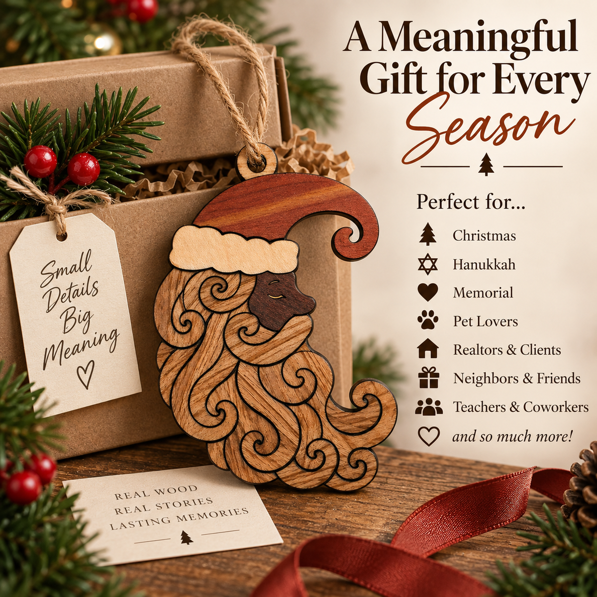 Handmade Natural Wood Santa Ornament, Curly Beard