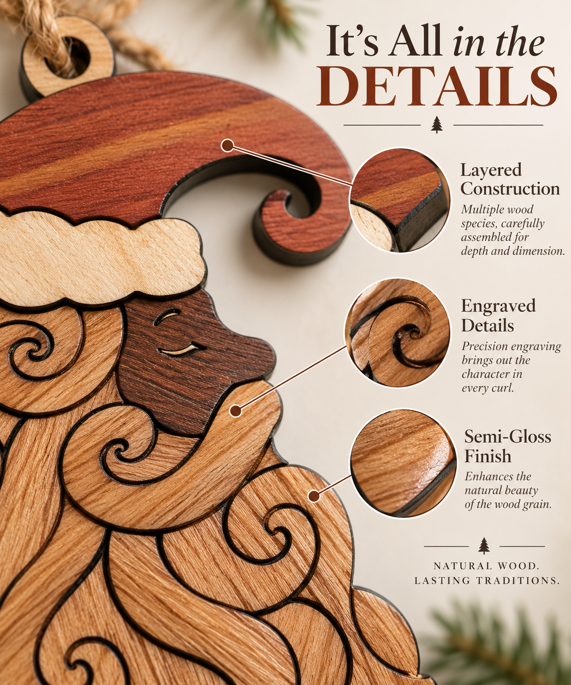 Handmade Natural Wood Santa Ornament, Curly Beard