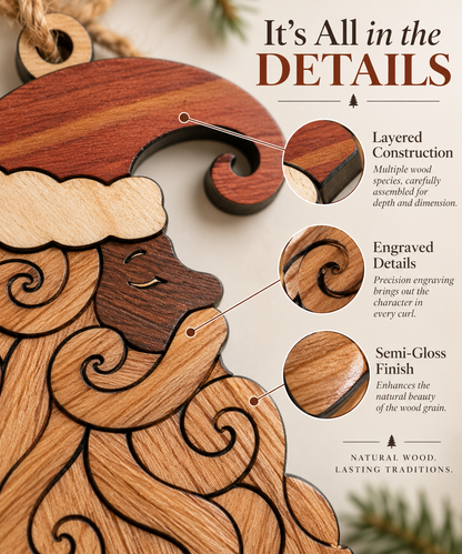 Handmade Natural Wood Santa Ornament, Curly Beard