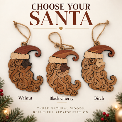 Handmade Natural Wood Santa Ornament, Curly Beard