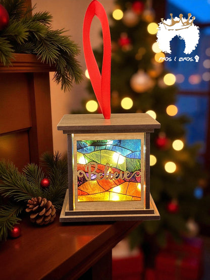 Stained Glass Lantern Ornament – Believe & Bells Edition
