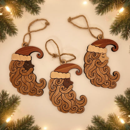 Handmade Natural Wood Santa Ornament, Curly Beard