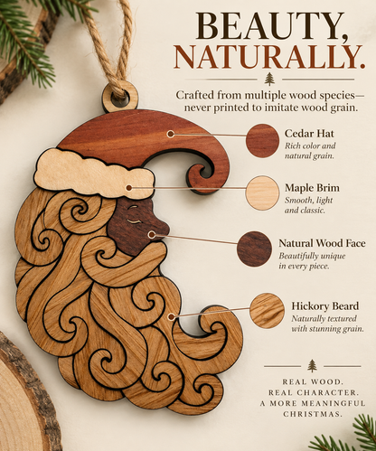Handmade Natural Wood Santa Ornament, Curly Beard